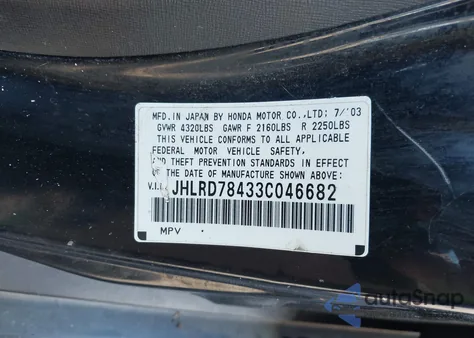 2003 Honda Cr-V Lx из США, поврежденный, VIN JHLRD78433C046682